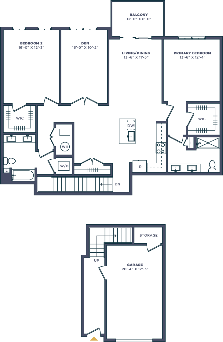 Floor plan for 2 beds, 3 baths, 2036 sqft
